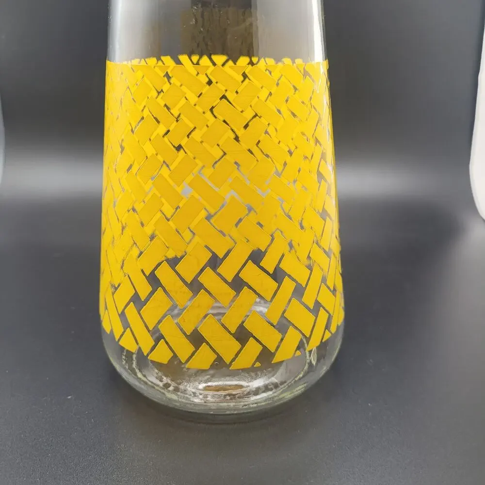 Vintage Yellow Woven Glass Pitcher Plastic Lid Mid Century Lemonade Retro